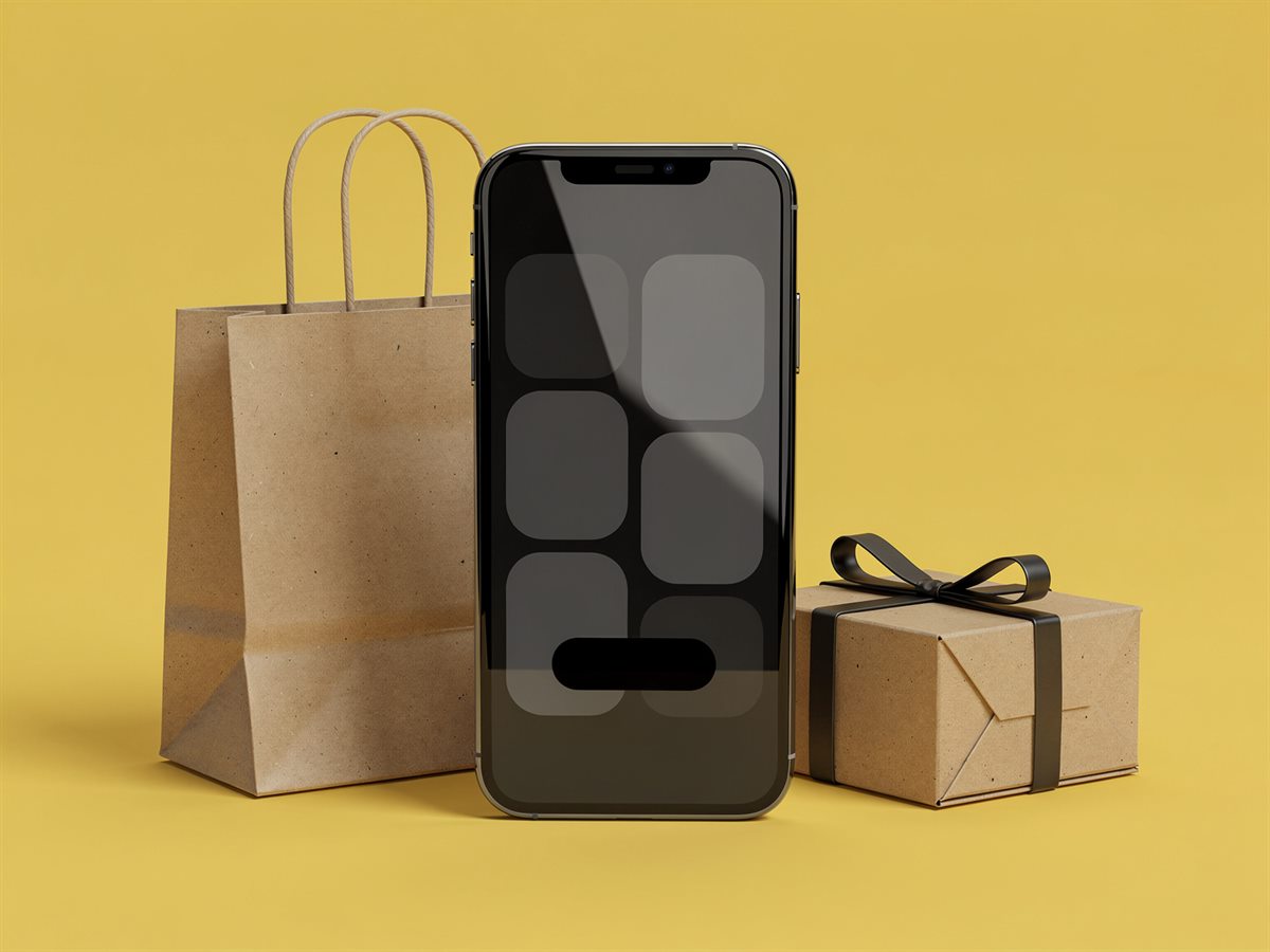 Téléphone, sac et colis sur fond jaune, illustration de la création de site e-commerce à Lyon
