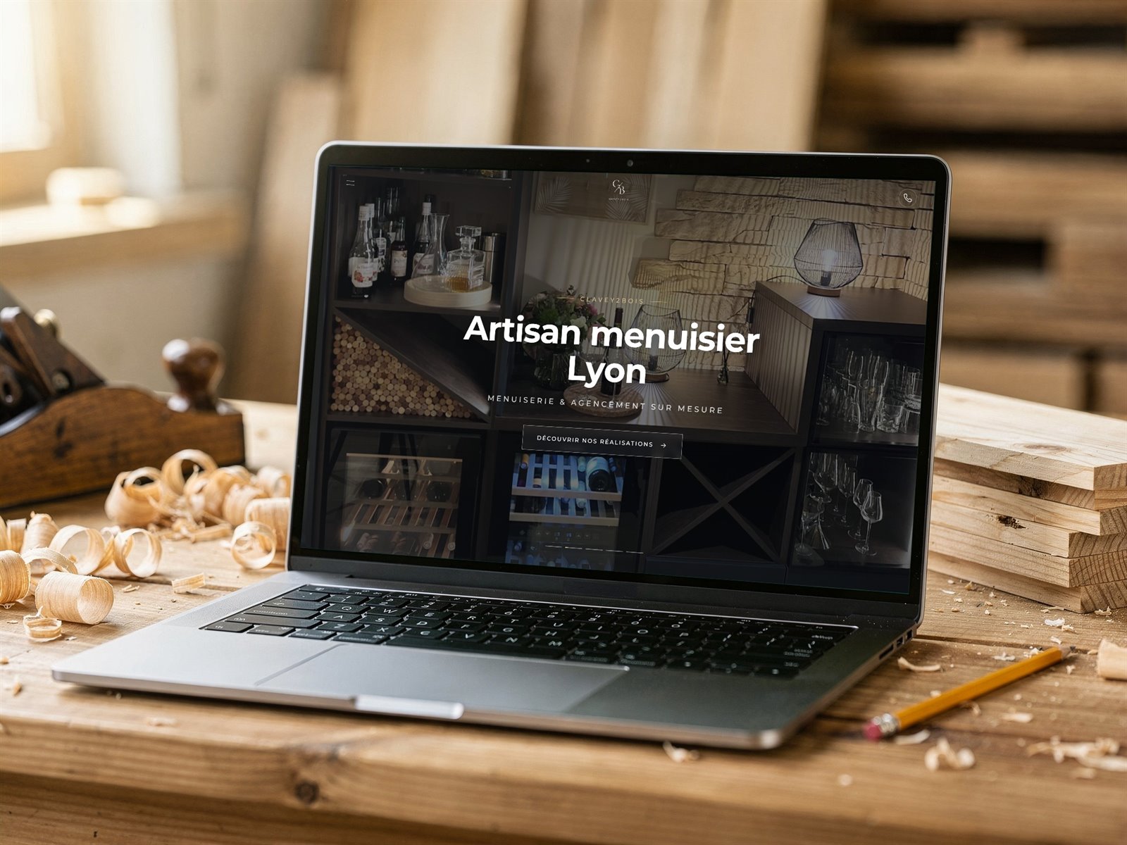 Site internet de Clavey2Bois, menuisier à Lyon, affiché sur un ordinateur posé sur un établi