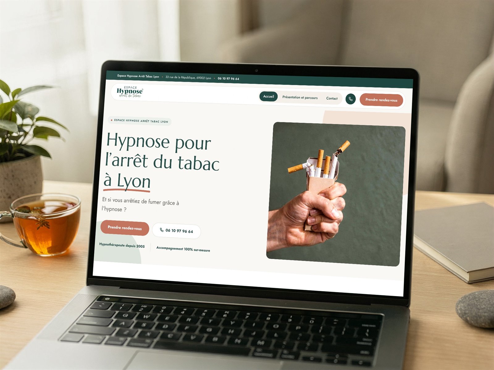 Site vitrine WordPress de l’Espace Hypnose Arrêt Tabac, créé à Lyon par Mathieu Pagnier