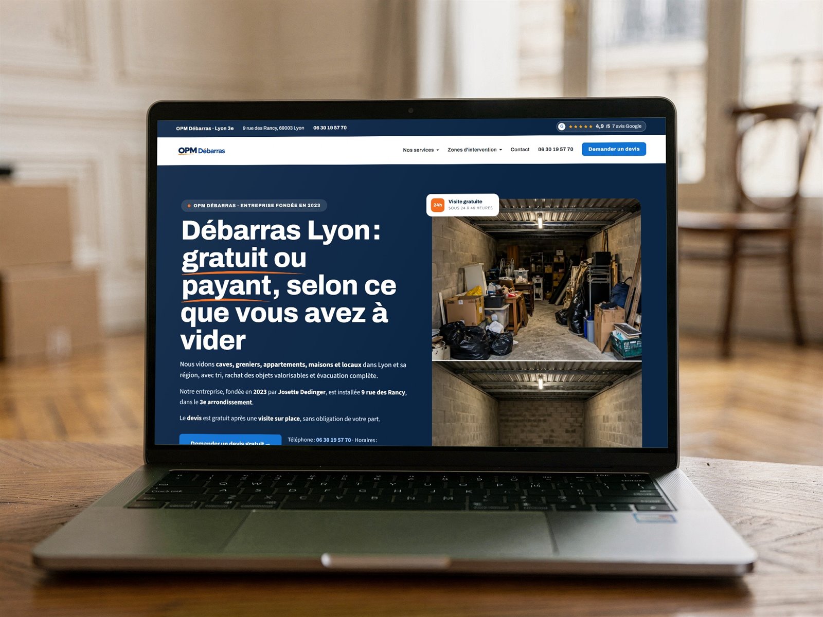 Site internet d'OPM Débarras, entreprise de débarras à Lyon, ouvert dans un appartement vidé